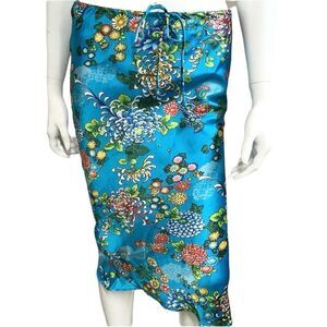 Poetry Clothing Y2K Turquoise Asian Floral Print Silky Satin Midi Pencil Skirt M